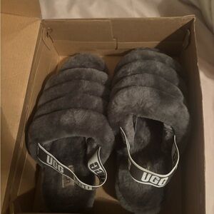 UGG Charcoal Fluffy Slides